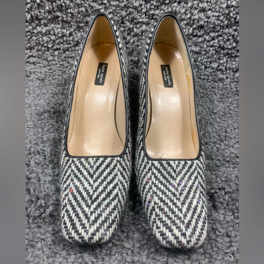 Kate Spade Black White Wool Herringbone Square Toe Pumps Made In Italy  8 B